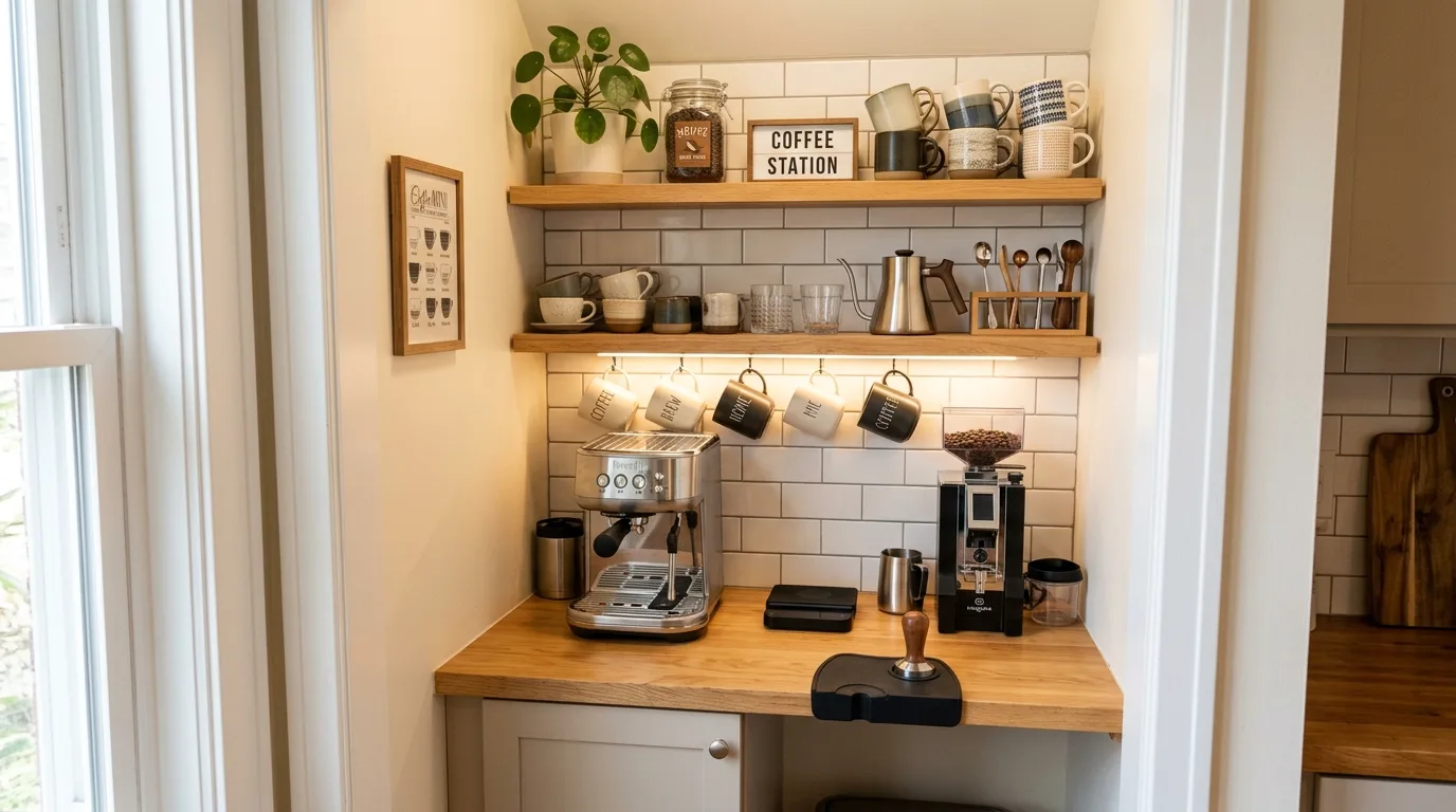 Let lighting make the coffee corner feel more atmospheric inspiration for a home coffee bar.